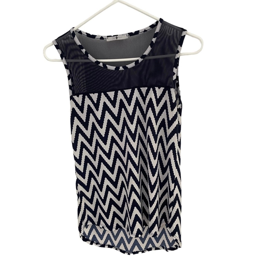 Blu Planet Womens Navy Blue White Chevron Mesh‎ Yoke Sleeveless Tank Top